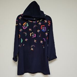 Vintage 80s 90s Kitty Hawk Colorful Embroidered Hoodie. Navy Blue, One Size